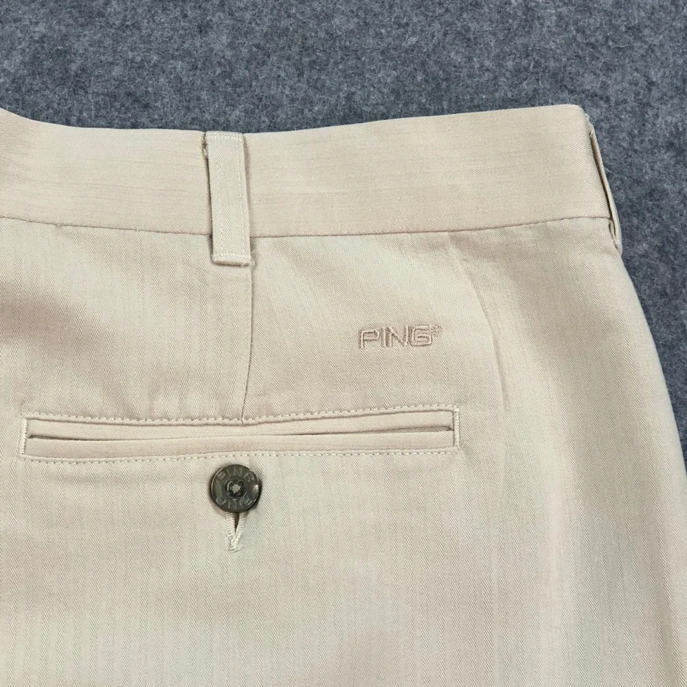 Ping Mens Pleated Pants 40x32 Khaki Beige Herringbone Classic Rayon Polyester